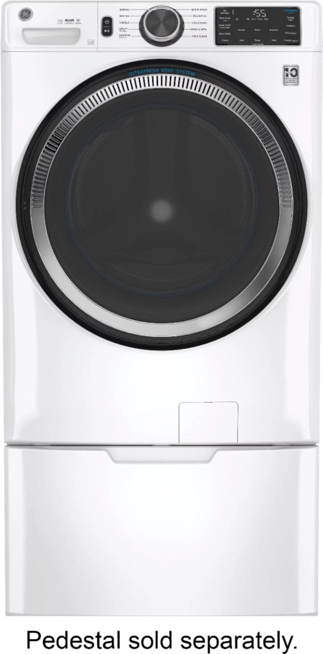 GE – 4.8 CuFt High-Efficiency Stackable Smart Front Load Washer w/UltraFresh Vent System & Microban Antimicrobial Technology – White on white - Image 1
