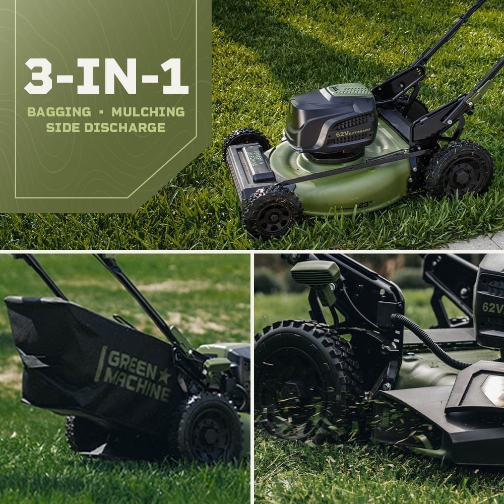 Green Machine 62V 23-Inch Self-Propelled Brushless Cordless Electric Lawn Mower, Includes Two 4.0Ah Batteries and Rapid Charger - Image 1