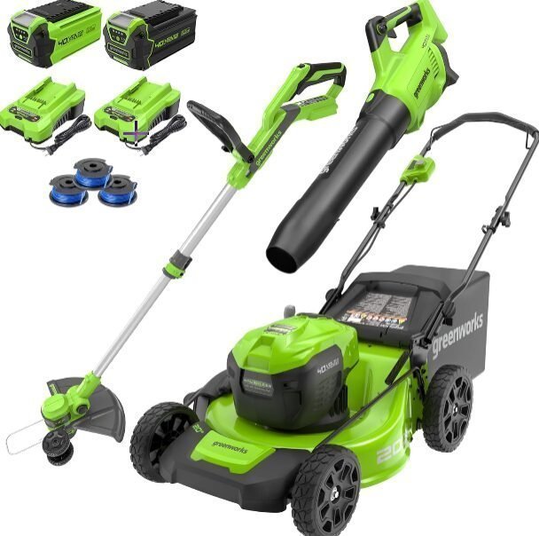 Greenworks 40V 20″ Cordless Mower, 500 CFM Blower, 12″ Trimmer, 2 Batteries (5Ah + 2Ah) & Chargers - Image 1