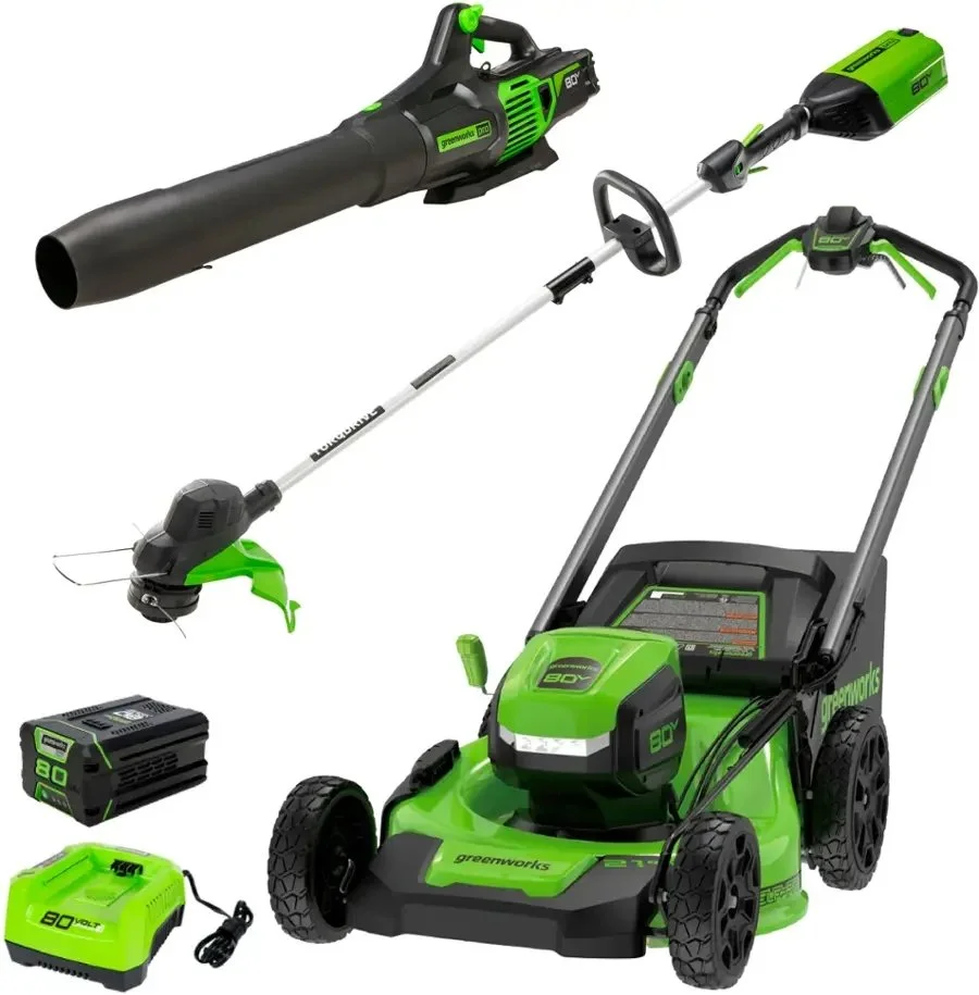 Greenworks 80V 21” Lawn Mower, 13” String Trimmer, and 730 Leaf Blowers. - Image 1