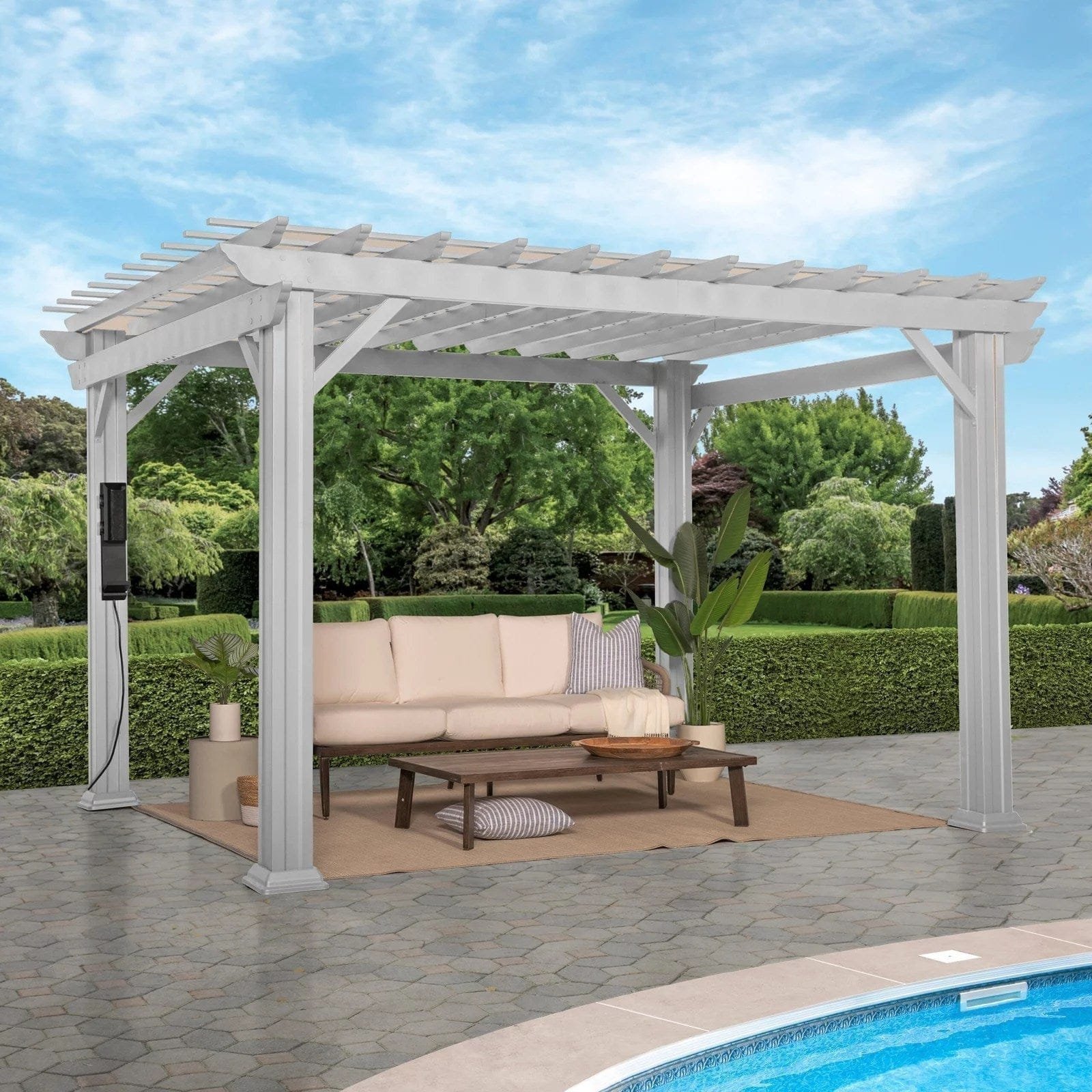 Hawthorne Traditional Steel Pergola With Sail Shade Soft Canopy 12×10 - Image 1